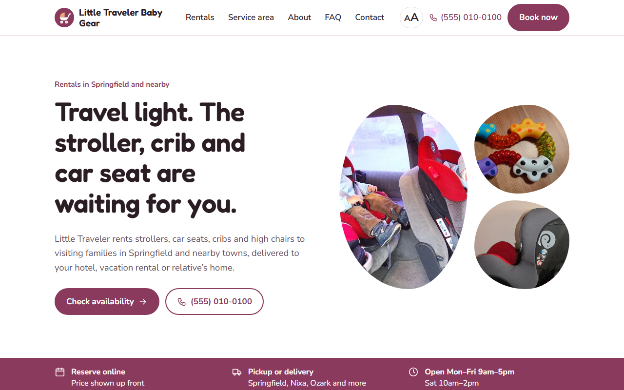Baby equipment rental website template: homepage