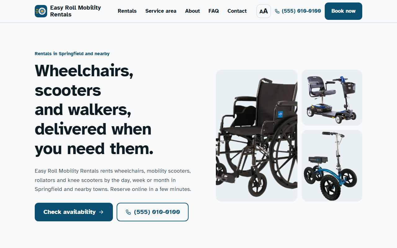 Mobility equipment rental website template: homepage