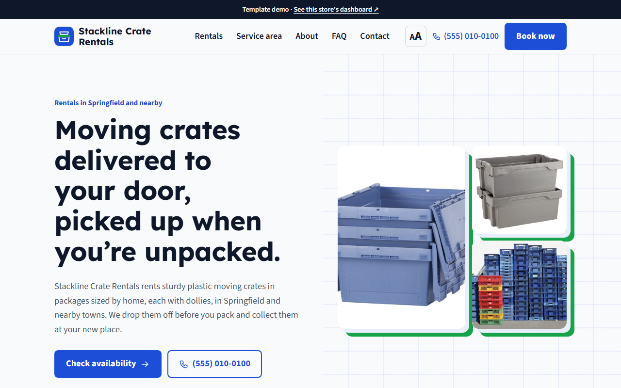 Moving crates rental website template: homepage