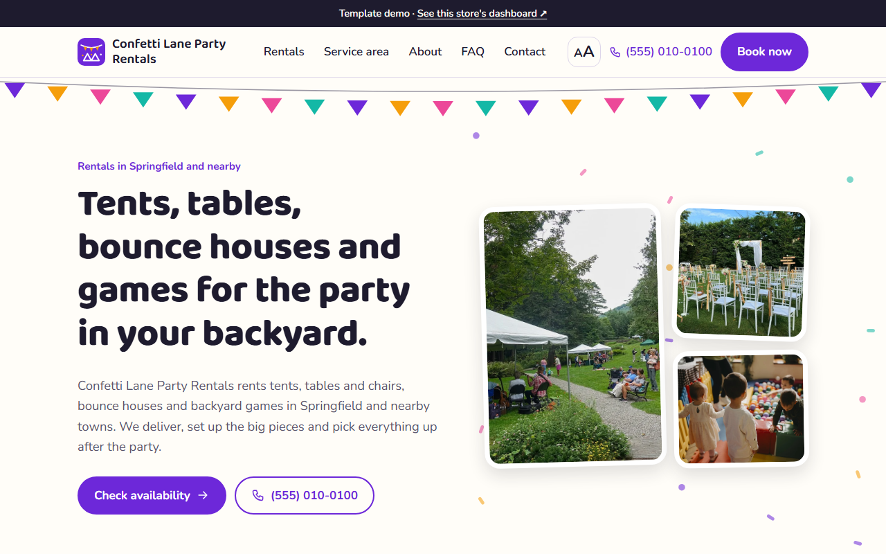 Party rentals rental website template: homepage